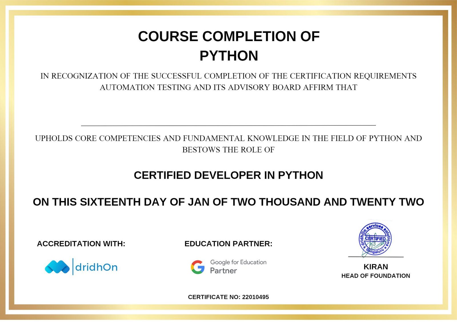 Python Training And Placement In Chennai DridhOn