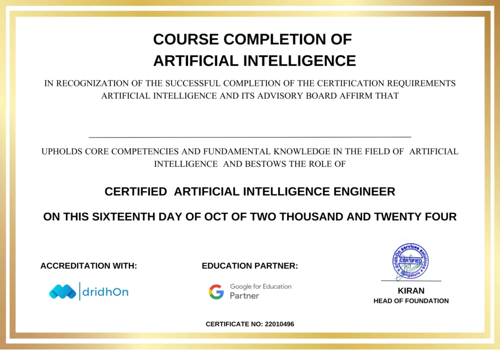 Best Artificial intelligence AI course in Dubai-dridhon